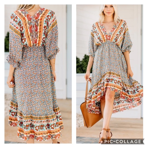 💼S Last One 🏜Sunset Boho Tile Flower Dress New - Picture 3 of 12